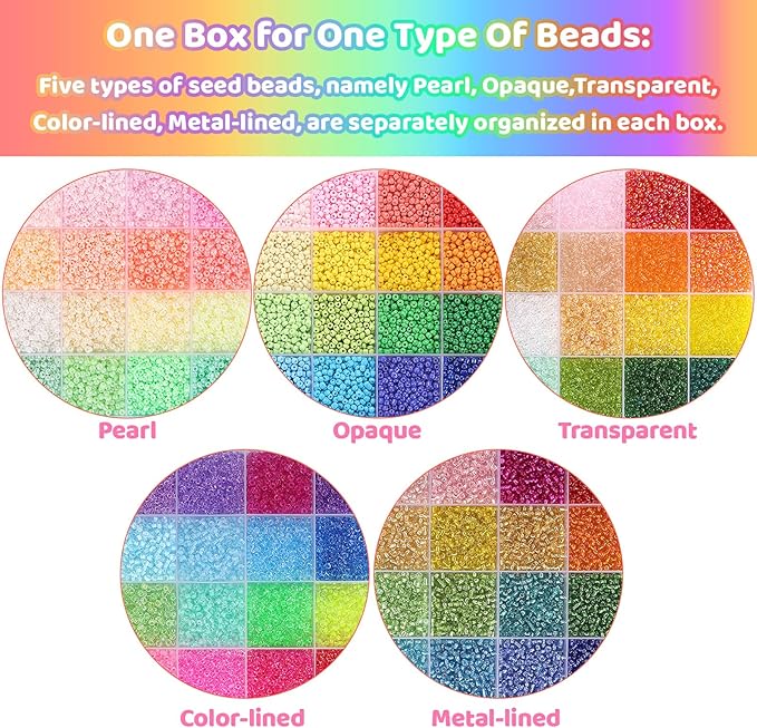 Funtopia 34000pcs+ 3mm Seed Beads for Jewelry Making, 5 Types 120 Colors Small Glass Beads for Bracelets, Friendship Bracelet Kit with Alphabet Letter Beads Smile Face Beads for DIY, Art and Craft