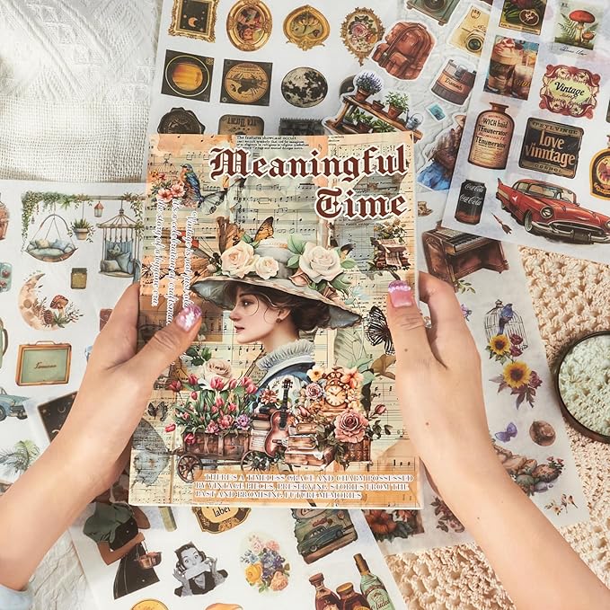 Large 24 Sheets Pre-Cut Journal Sticker Book for Junk Journal Supplies, 452pcs Vintage Washi Stickers for Journaling, Scrapbooking, Collage Materials, Bujo, Planners, Art Crafts
