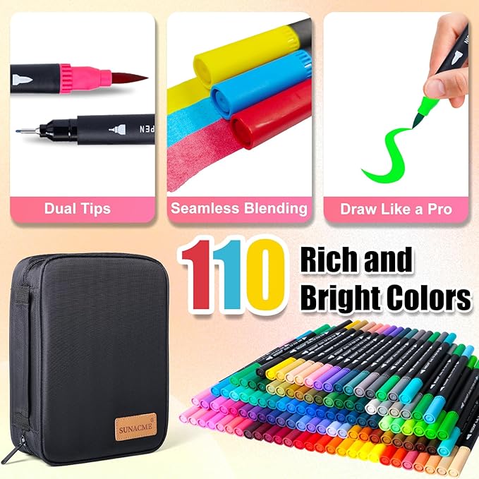 Art Supplier Dual Brush Markers Pens, 110 Artist Coloring Marker Set, Fineliner & Brush Tip Pen with Premium Case for Adults Coloring Books & Journal, Drawing, Doodlin