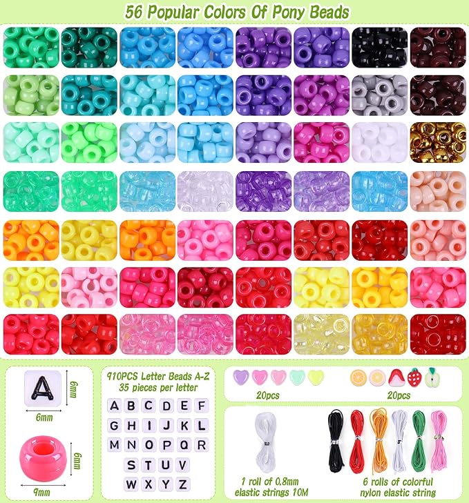 3000Pcs 56 Colors Pony Beads for Bracelet Making Kit, Rainbow Kandi Beads Friendship Bracelet Kit with 910pcs A-Z Letter Bead, DIY Jewelry Making Craft for Adults