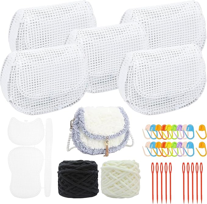 Allazone 37 PCS Clear Mesh Canvas Sheets for Embroidery, Mesh Sheets with 2 Color Acrylic Yarn for DIY Sewing Bag