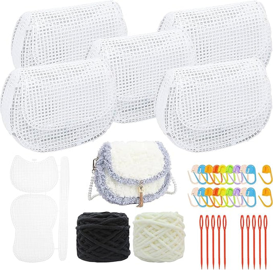 Allazone 37 PCS Clear Mesh Canvas Sheets for Embroidery, Mesh Sheets with 2 Color Acrylic Yarn for DIY Sewing Bag