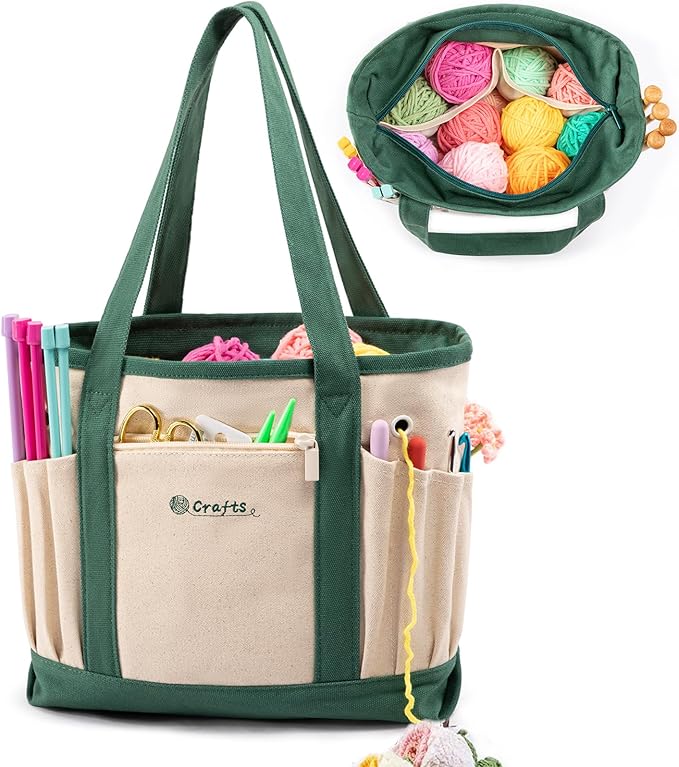 Canvas Yarn Storage Organizer Bag Washable Crochet Bag with Pockets for Yarn, Hooks, Needles – Travel Knitting Tote for Crafters – Gift for Crocheters & Knitters (Medium/Large)