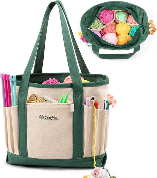 Canvas Yarn Storage Organizer Bag Washable Crochet Bag with Pockets for Yarn, Hooks, Needles – Travel Knitting Tote for Crafters – Gift for Crocheters & Knitters (Medium/Large)