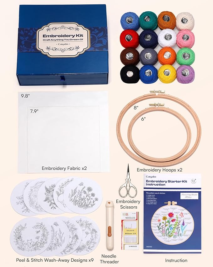 Caydo Luxury Embroidery Kit for Christmas Gift, Beginner Embroidery Kit for Adults with Exquisite Box, Embroidery Hoop, Embroidery Thread and Full Set Embroidery Tools