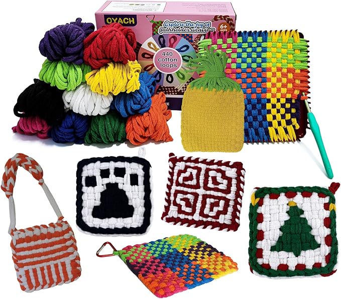 OYACH 7inch Cotton Potholder Metal Weaving Loom Loops Kit,11 Colors Loom Kit with 440 Rainbow Loops/Metal Loom/10 Ring Hooks,DIY Crafts for Kids Adults,Gift for Ages 6 7 8-12 Year Old(12 Potholders)
