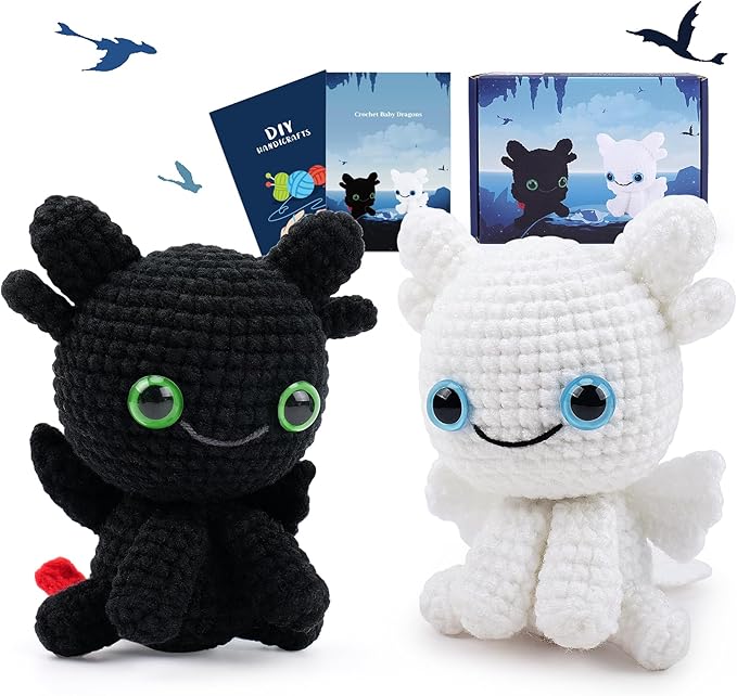 Dragon Crochet Kit for Beginners, 2PCS Black and White Dragon Crochet Animal Kit with Step-by-Step Video Tutorials, Stuffed Animal Crocheting Kits, Birthday Crochet Starter Kit for Adults