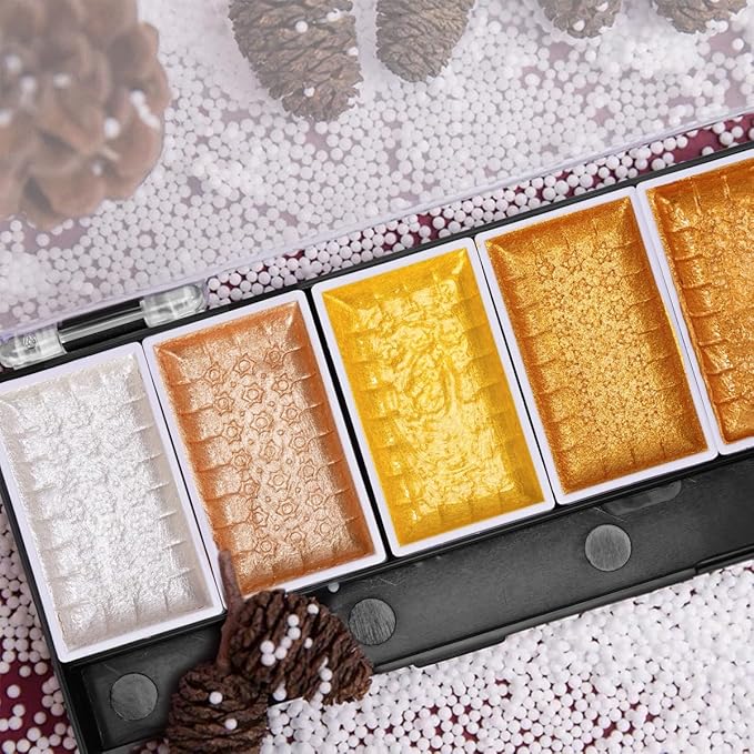 LIGHTWISH Metallic Waterolor Paints,8 Shimmery Gold Colors, Artist Glitter Solid Watercolors with 1 Water Brush Pen for Artists, Students and Painting Beginners