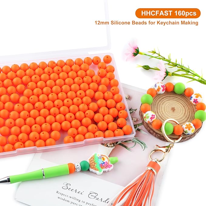 160Pcs 12mm Silicone Beads for Keychain Making Bracelet Necklace, Bulk Round Silicone Beads for Pens(Orange)