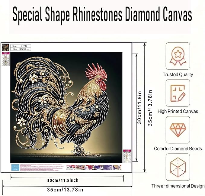 BYGFHLYW 5D Diamond Painting Kits for Adults, Rooster Diamond Art Kits for Adults Beginner, Special Shaped Crystal Art Diamond Dot Gem Painting for Home Wall Decor 13.7x13.7inch