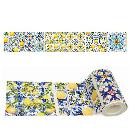 Serenity Fair Washi Tape – Mediterranean Tile Pattern, Extra Wide 4 Inch Scrapbook Supplies for Scrapbooking, Journaling, Stickers, Craft Paper, and DIY Scrapbook Tape Roll (Amalfi Lemons)