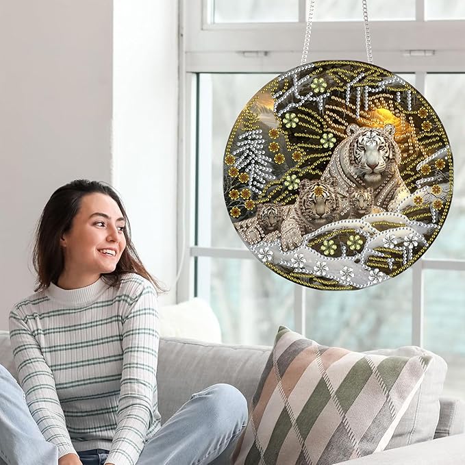 Yomiie Tiger Animals Sun Catcher Window Hanging - DIY Double Sided Winter Diamond Painting Pendant Kit, Acrylic Diamonds Art Ornament for Front Door Sign & Indoor/Outdoor Garden Decor(8x8 inch)