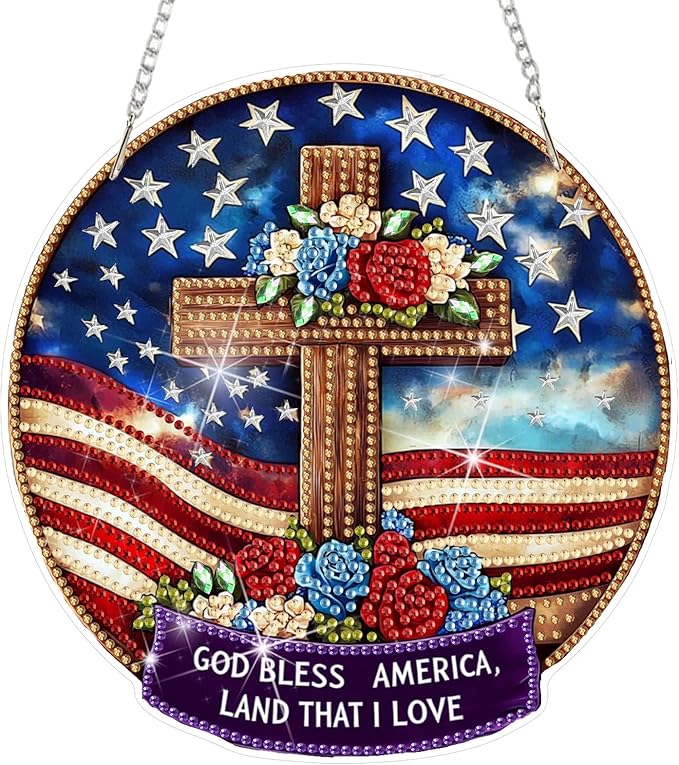 DOMROM 4TH of July Diamond Art Hanging Kit for Adult, Cross Diamond Art Hanging Kit, Patriotic DIY Diamond Art, Independence Day Diamond Hanging Pendant, Window Pendants Garden Wall Hanging Ornament