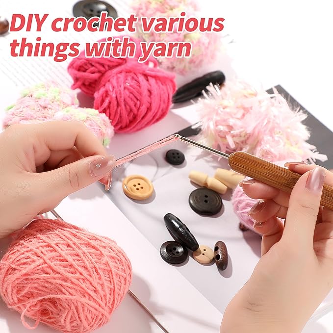 Hand Spun Art Yarn Kit - 6 Skeins 525 Yard Vintage Style Blended Fibers with Wood Buttons & Crochet Hook for Knitting, Crochet, Textile Decorative, Tassels, Jewelry Making, Fiber Crafts(Rouge Powder)