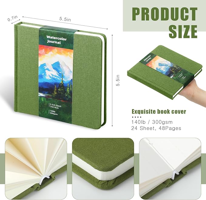 Dispowreath 5.5 x 5.5 in Watercolor Sketchbook Journal Square Watercolor Notebook Cold Press 140lb 300gsm Cotton Paper 48 Pages Journals Notebook Paper Pads(Christmas Green)