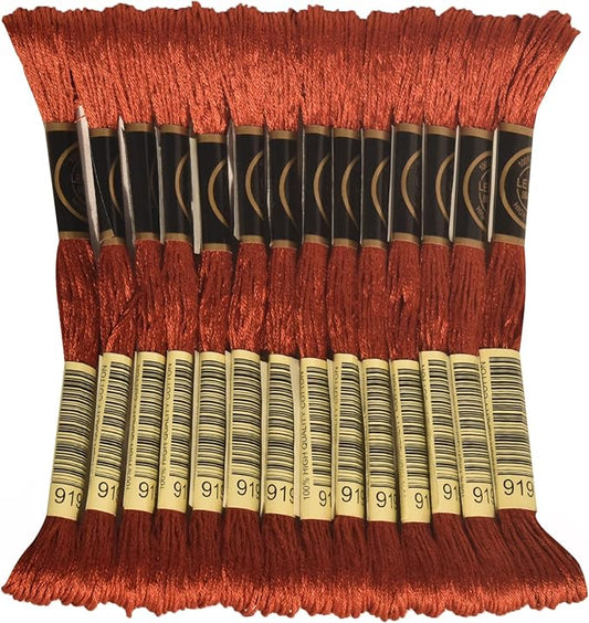 LE PAON Embroidery Floss, 14-Pack Six Strands 100% Long Staple Cotton Embroidery Thread, 8.7-Yard，Color Number：919, Red Copper