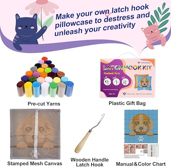 Golden Retriever Puppy Latch Hook Kits for Adults Kids, Beginners DIY Throw Pillow Kit Pre-Printed Pillowcase Hook and Latch Rug Kits Cross-stitch Cushion Cover for Home Sofa Decoration 17x17 in.