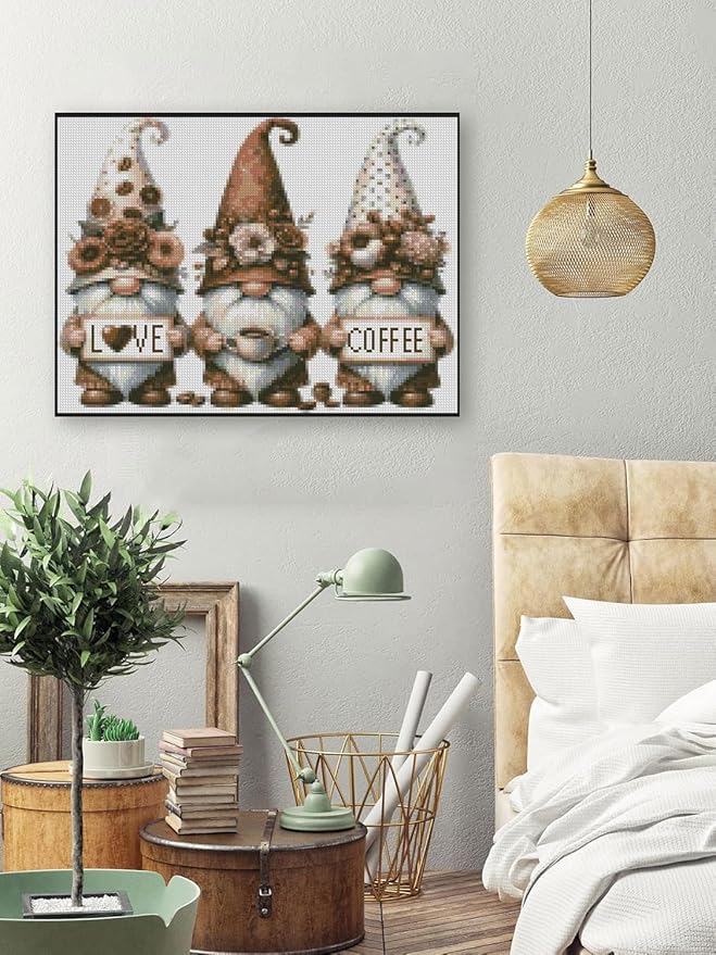 stamping cross stitch kit gnome and flowers, counting cross stitch kit for adult beginners coffee, full line diy cross stitch stitching kit for home decor cross stitch patterns 15.7x11.8inches