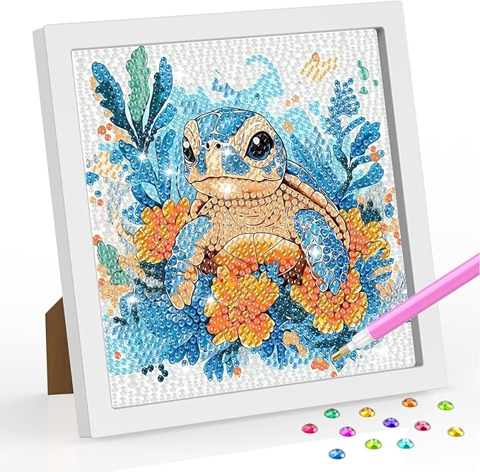 SENQAO Turtle Diamond Art Kit for Adults with Frame Art and Crafts for Adults Ages 6-8 -10-12 Easy to DIY Diamond Art for Adults and Adult Beginners Home Wall Decoration 7.1x7.1inch