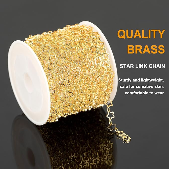 KYUNHOO 5 Meters Necklace Chains for Jewelry Making Hollow Star Link Chain on Spool 18K Gold Plated Jewelry Chain Roll with Lobster Clasps Jump Rings Handmade Craft Making Supplies