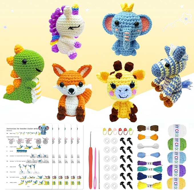 OLHKYN 6Pcs Crochet Kit for Beginners, 2026 DIY Craft for Adults, Great Gift for Crochet Lovers, Crocheting Animal Kits with Step by Step Videos,Yarn,Crochet Hook,Birthday Holiday Gift