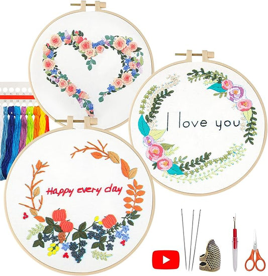 lx lermx embroidery kits for beginners, adult starter cross stitch kit needlepoint complete diy kit with unique patterns, hoop, colorful threads, tools, step by step instructions & video tutorial