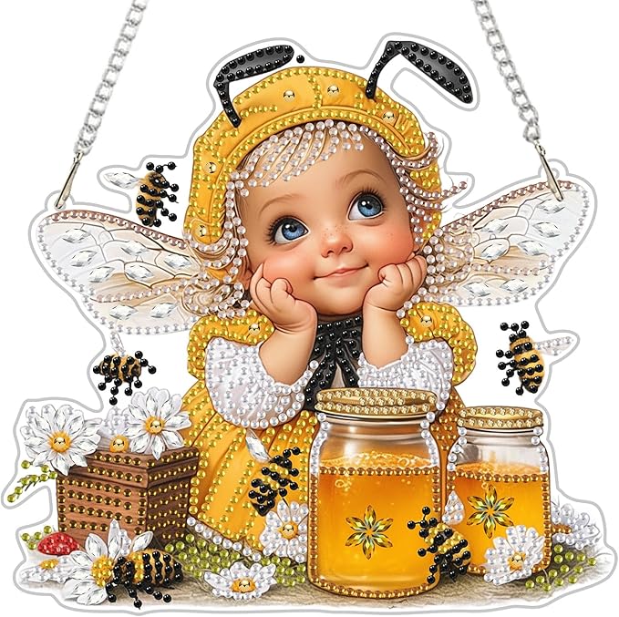 NEWENMO Diamond Art Hanging Kit for Adult, Whimsical Bee Fairy, DIY Double Sided Acrylic Special Shaped Diamond Art Painting Window Pendant Cute Honey Bee, Home Garden Wall Hanging Ornament Kits