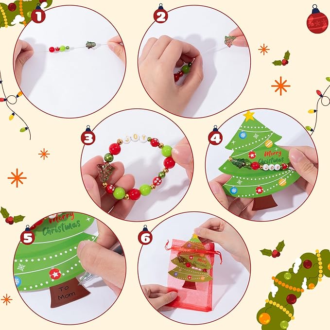 BeYumi Christmas Bracelet Craft Kit - 24 Pack Xmas DIY Joy Letter Beads Friendship Bracelets with Christmas Tree Gift Cards Xmas Craft Kits Party School Classroom Fun Activities