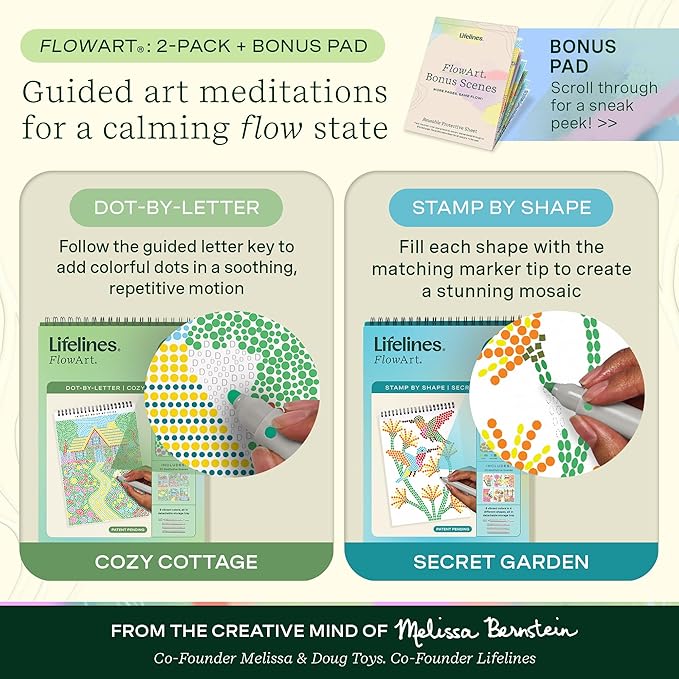 Lifelines FlowArt Activity Pads, 2-Pack & Bonus Pad - Guided Dot Art Meditations - 8 Double-Sided Markers & 48 Scenes - Dot-by-Letter & Stamp-by-Shape Coloring Books for Tweens, Adults & Seniors