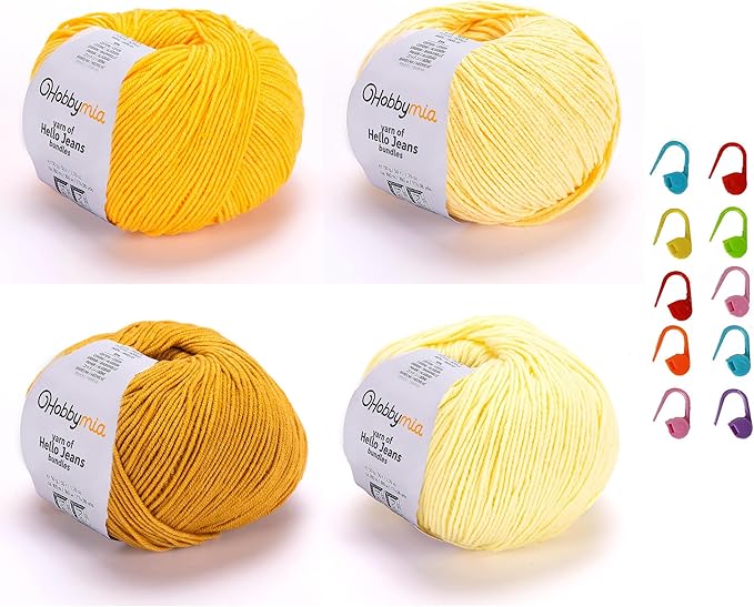 Cotton Yarn Kit - 4 Multicolor Balls Soft Sport Weight Yarn for Crochet & Amigurumi - 50g / 175yds Each & 10 Stitch Markers (H06 - Gold / Yellow)