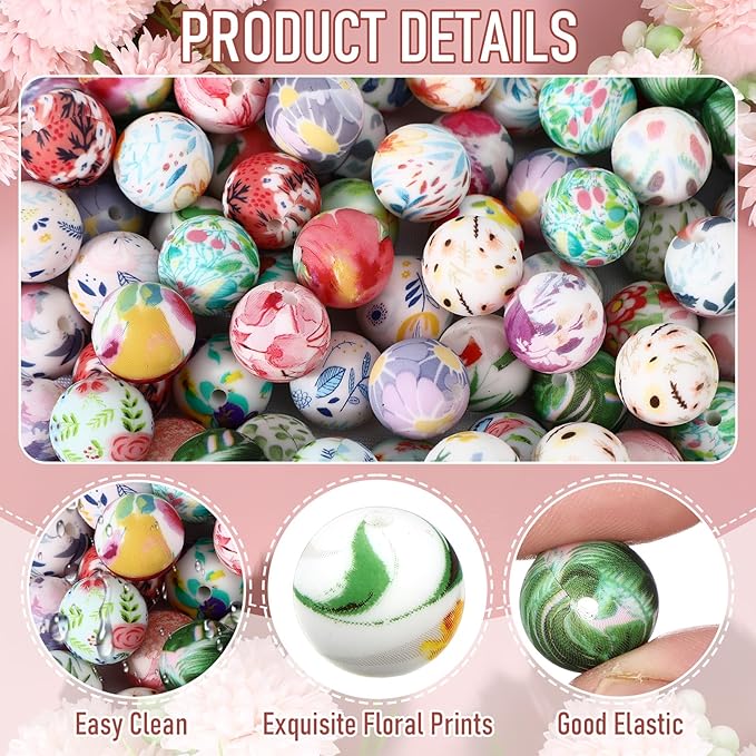 Ferreve 120 Pcs 15mm Silicone Beads Bulk Silicone Beads Print Rubber DIY Bracelet Making Kit for Keychain Making Pens Necklace Jewelry(Floral)