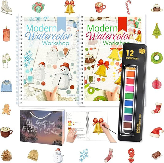 APOLYONE 2-Pack Beginner Watercolor Workbooks: 24 Coloring Pages + 12 Watercolor Paints + Brush – 300gsm/140lb Paper – Gift for Women, Adults & Beginners (Winter & Christmas)