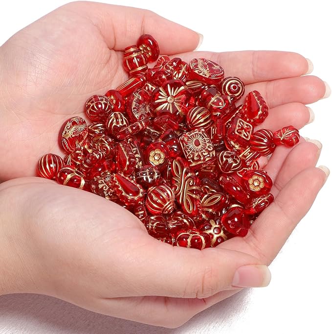 7.5 OZ Assorted Vintage Acrylic Beads for Jewelry Making, Song Xi Unique Flower Rose Czech Beads for Bracelet Earrings, Bohemia Style, Bulk, Arts and Crafts, DIY Holiday Gift (240-260 PCS, Red)