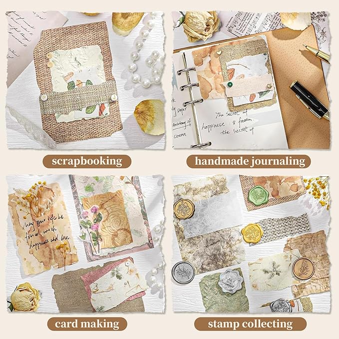 168 Pcs Textured Vintage Scrapbook Paper Kit with Washi Tape & Double Sided Tape, 6 Themes Junk Journal Supplies for Scrapbooking, Card Making, Collage Crafts