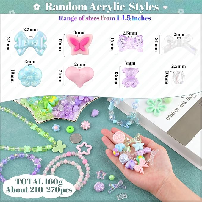 210-270PCS TINKRSTUFF Assorted Acrylic Beads, 4 Colors Series Cute Beads for Bracelet Making, Bow Flower GummyBear Kawaii Charms, Aesthetic Bead for Necklace Keychain Jewelry Making DIY Phone Charm