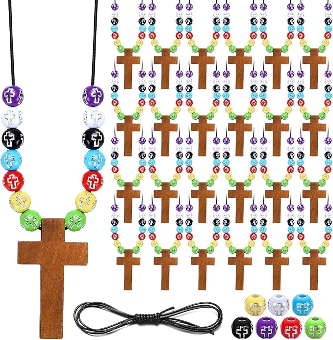Kathfly 277 Pcs Wooden Cross Necklace Crafts Sunday School Crafts Kit DIY Christian Catholic Rosary Cross Pendant Religious Charms with Colorful Beads for VBS Church Men Women
