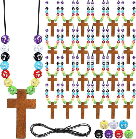 Kathfly 277 Pcs Wooden Cross Necklace Crafts Sunday School Crafts Kit DIY Christian Catholic Rosary Cross Pendant Religious Charms with Colorful Beads for VBS Church Men Women