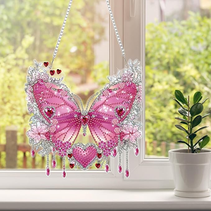 HEIBAGO Diamond Art Hanging Kits for Adults Kids, Hanging Diamond Art Butterfly, 5D Special Shaped Crystal Diamond Painting Kit Flower, DIY Pattern Window Pendant for Home Wall Decor 8.3x8.3Inch