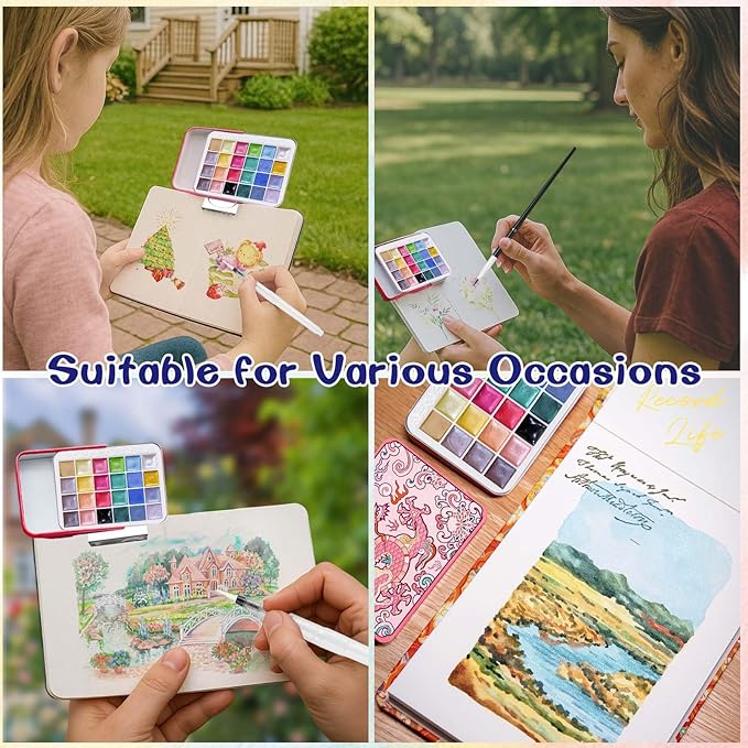 Mini Watercolor Paint Set - 24 Colors Glitter Travel Watercolor Set, Portable Metallic Water Color Paints Palette Box with Watercolor Book,Clips,Pens,Storage Bag for Painting Lovers and Artists