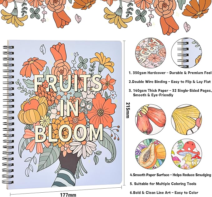Adult Coloring Book for Women, 2-Pack Fruit and Vegetable Designs, Stress Relief Coloring Books for Adults, 8.5 x 7 Inch Relaxing Art Activity for Mindful Coloring