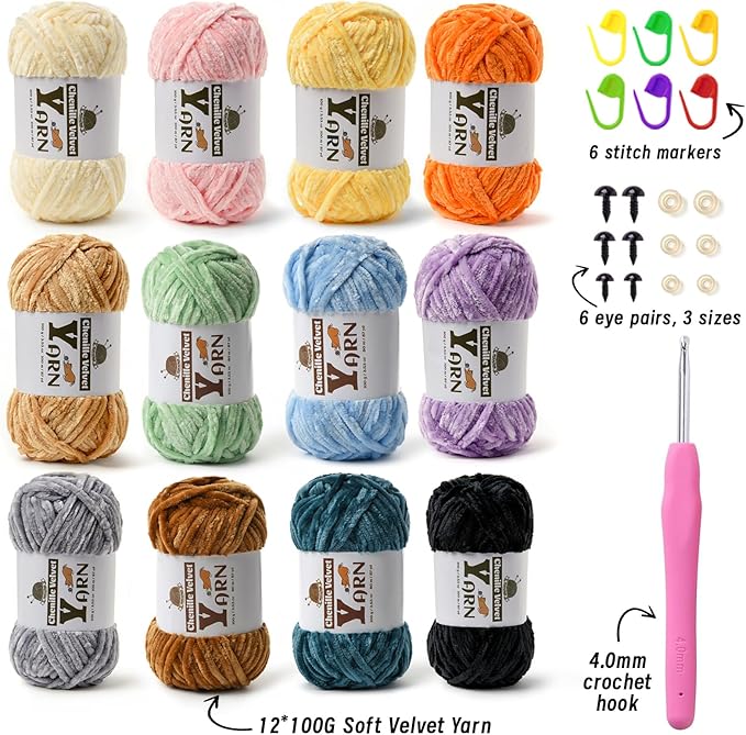 12 Pack Multicolor Crochet Yarn, Fluffy Chunky Chenille Yarn for Crocheting, Fuzzy Velvet Yarn for Crochet Kit, Baby Yarn for Crocheting Soft Amigurumi Yarn Set B (100g/87yds Each)
