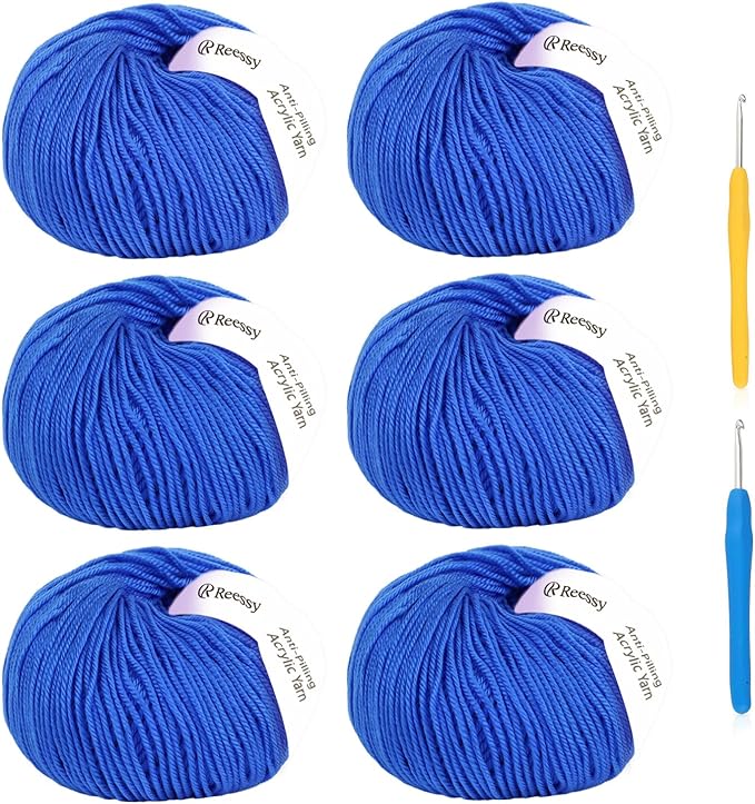 Acrylic Yarn for Crocheting Size 3, Reessy 786 Yards Soft DK Weight Yarn (CYC #3), No-Splitting and 2pcs Crochet Hooks for Beginners, Solid 6 Skeins for Small Crochet or Knitting Projects（Blue）