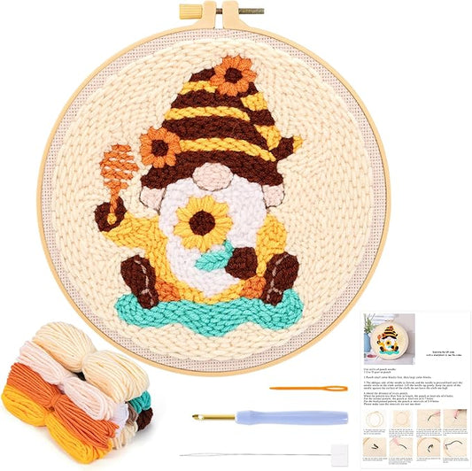JSRQT Honey Gnomes Punch Needle Kit for Beginners, Punch Needle Embroidery Starter Kit for Adult Kids, DIY Cross Stitch Rug Hooking Craft Beginners Kit with Tools for Home Decor