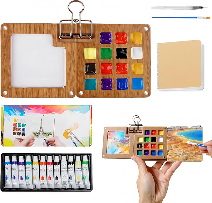 2026 New Mini Watercolor Paint Set with 24 colors and 15 Grids, Sketchbook & Pocket Travel Kit with Brushes, Copper Clips for Beginners and Artists, Walnut Wood