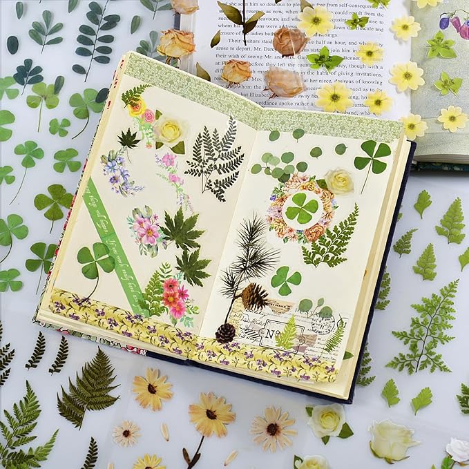 400PCS Plants Floral Scrapbook Stickers Kit Vintage Fern Flowers Green Transparent Waterproof Stickers Book for Scrapbooking Supplies Aesthetic Junk Journal Journaling Craft 20-Page