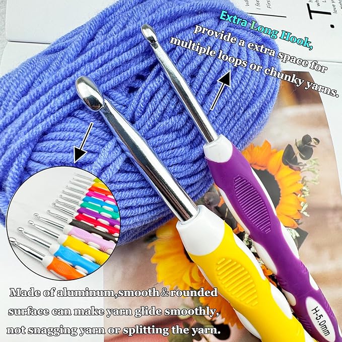13 Sizes Crochet Hooks Set,Ergonomic Non-Slip Handle Crochet Hooks for Arthritic Hands,Extra Long Crochet Hook Needles 2mm(B)-10mm(N)