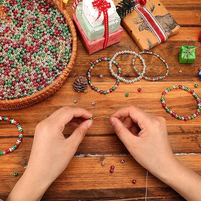 UPINS 1500 Pcs Christmas Beads for Jewelry Making - 6mm Red, Green, Gold & Silver Round Spacer Beads DIY Craft Kit