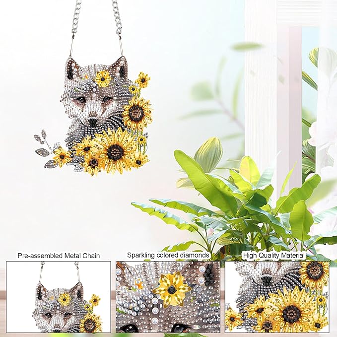 AiYuanzsh Animal Wolf Sunflower DIY Acrylic Diamond Painting Pendant Kits Special Shaped Rhinestone Round Diamond Art Hanging Kits Home Garden Wall Window Pendants .Home Wall Decor Gift