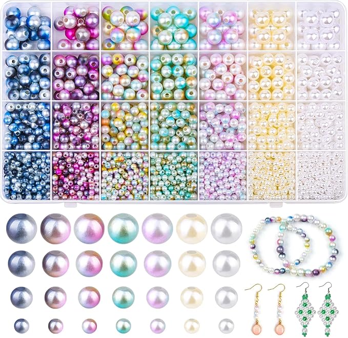 Aenezus 2200PCS Multicolor Pearl Beads, 4/6/8/10mm Loose Pearls for Crafts with Holes for Jewelry Making