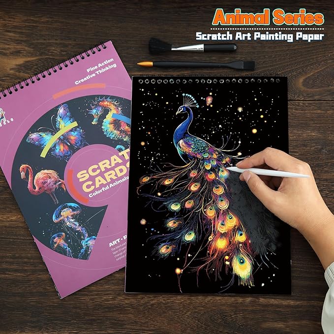 Animals Scratch Art Book for Adults-Colorful Animal Scratch Paper|Scratch Painting Paper Craft Kit|Creative Foil Engraving Scratch Art|Stress Relief Gift for Craft Lovers(Animal Series 1)